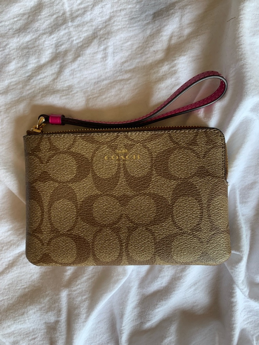 Coach Brown Signature Canvas Wristlet with Pink Strap